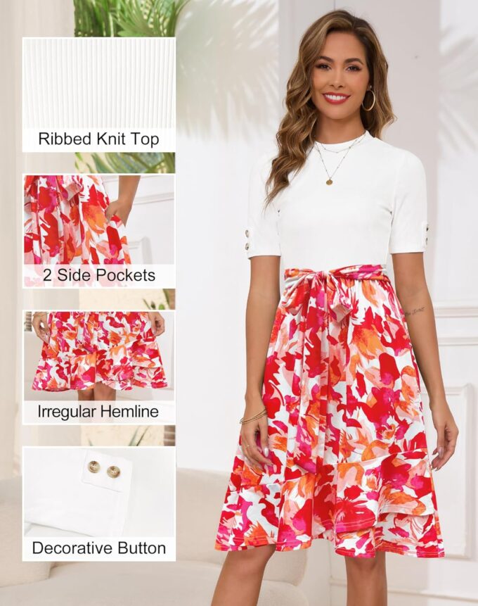 Annebouti Damen-Midikleid 2025, kurzärmelig, für Frühling und Sommer, gerippt, halbformell, für Lehrer, Freizeit, Arbeit, Midi-Kleid mit Taschen – Bild 5