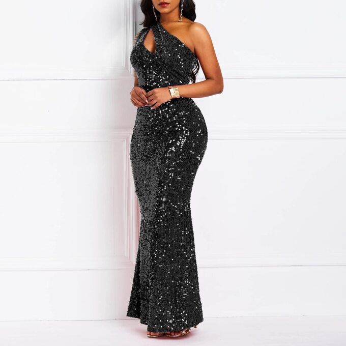 Cololura Women Sequin Elegant Sexy One Shoulder Tassel Mermaid Bodycon Cocktail Evening Dress – Bild 2