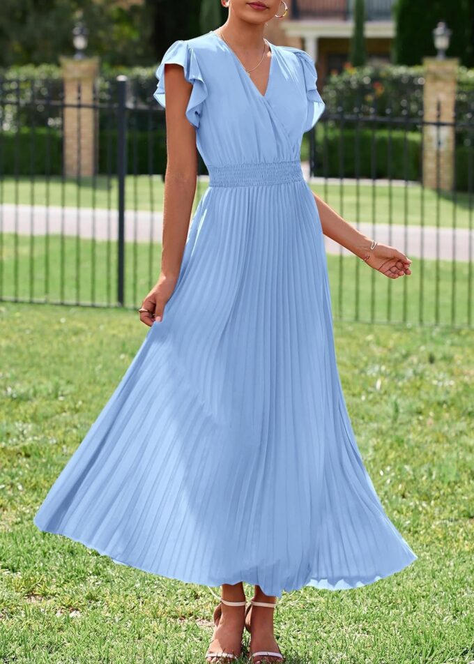 KIRUNDO Women's Summer Maxi Dresses Elegant V Neck Ruffle Flutter Sleeves Empire Waist Pleated Flowy Wedding Guest Dress – Bild 8