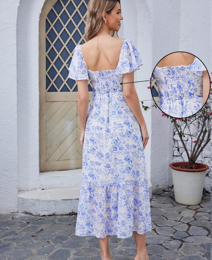 GLNEGE Women's 2025 Summer Midi Floral Boho Dresses Casual Flowy Beach Short Sleeve Dress Ruffle Hem Smocked Sundresses – Bild 3