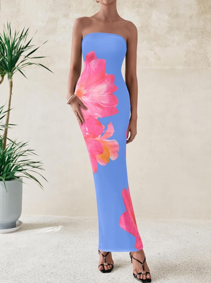 PRETTYGARDEN Women Summer Strapless Maxi Dress Bodycon Floral Sexy Long Wedding Guest Dress Formal Tube Mesh Cocktail Dresses – Bild 2