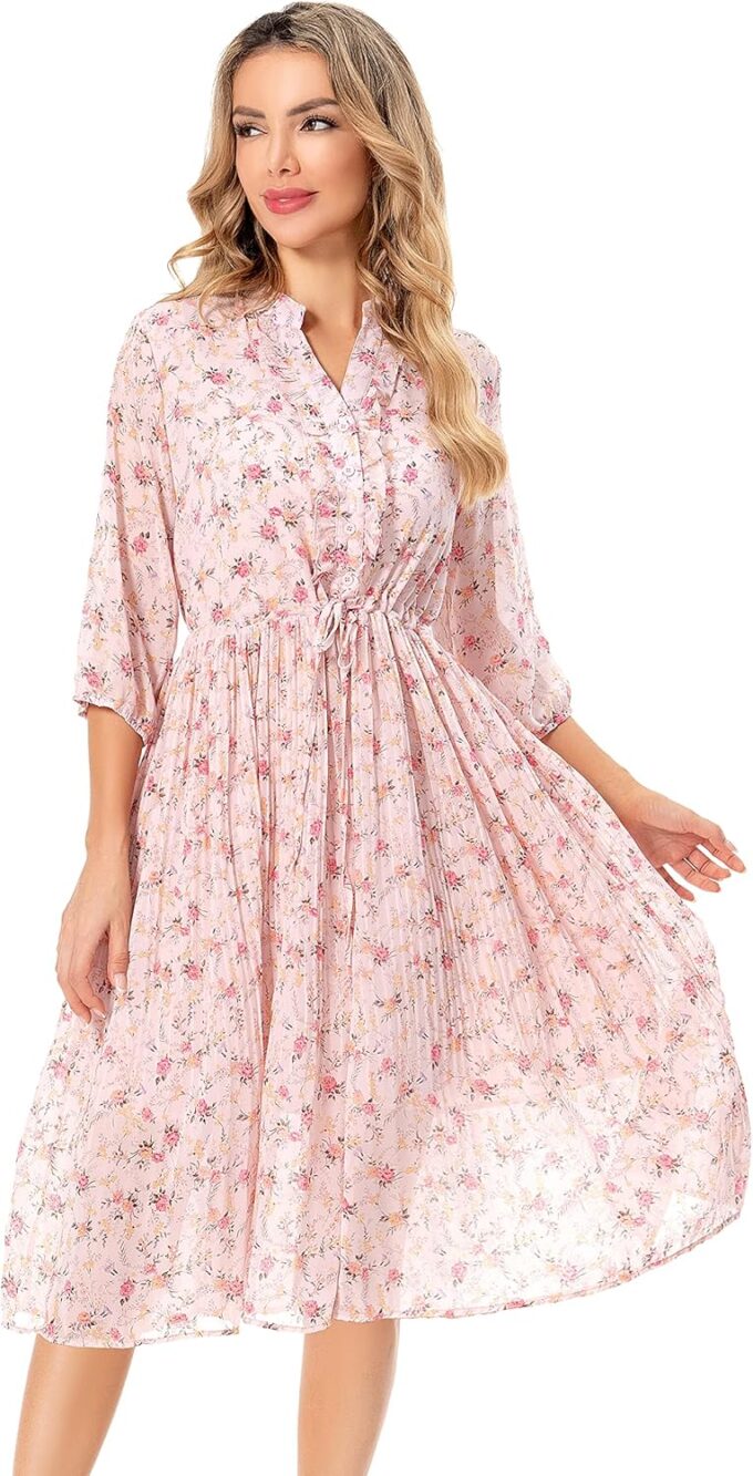 Shineflow Women's Short Sleeve V-Neck 3/4 Sleeve Button Up Chiffon Floral Pleated Midi Swing Dress with Belt – Bild 2