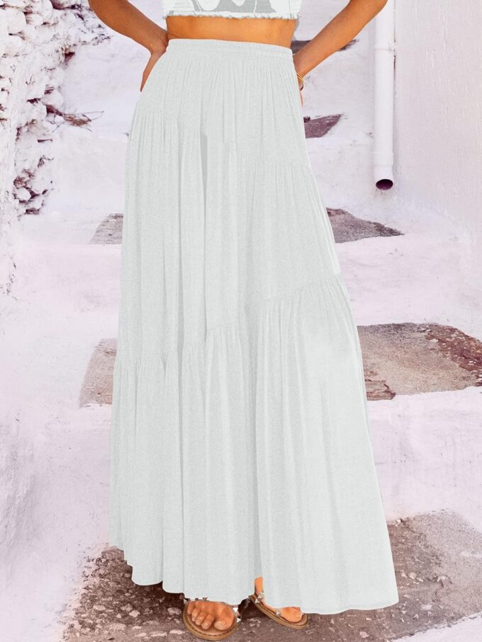 ANRABESS Women’s Boho Elastic High Waist Pleated A-Line Flowy Swing Asymmetric Tiered Maxi Long Skirt Dress with Pockets – Bild 3