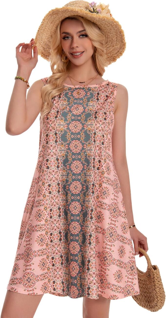 Summer Dresses for Women Beach Boho Sleeveless Vintage Floral Flowy Pocket Tshirt Tank Sundresses – Bild 4