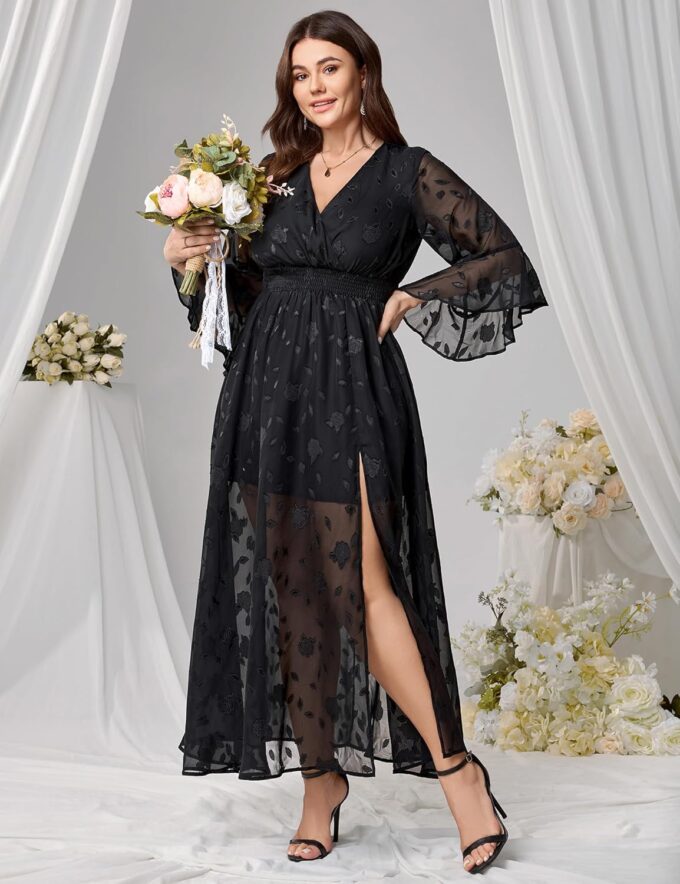 Women's V Neck Floral Dress Bell Half Sleeve Smocked Waist Side Split Flowy A Line Maxi Wedding Guest Dresses – Bild 2