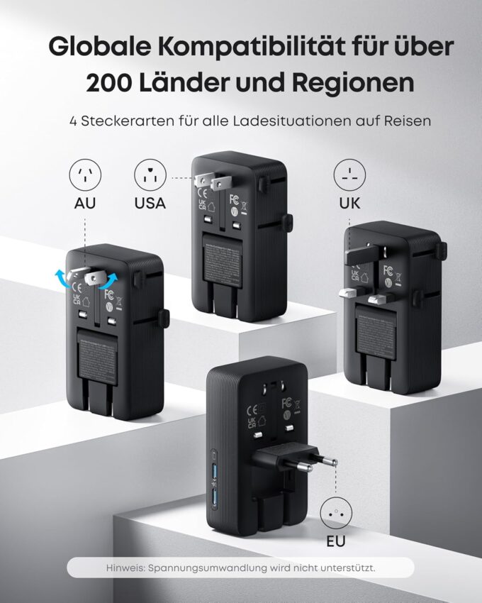 Anker Nano Reiseadapter Weltweit, Universal Reiseadapter mit 4X USB, 2X USB C, 2X USB A und 1x AC, Steckdosenadapter für Deutschland USA England, einsetzbar in über 200 Ländern, ideal für Reisen – Bild 2