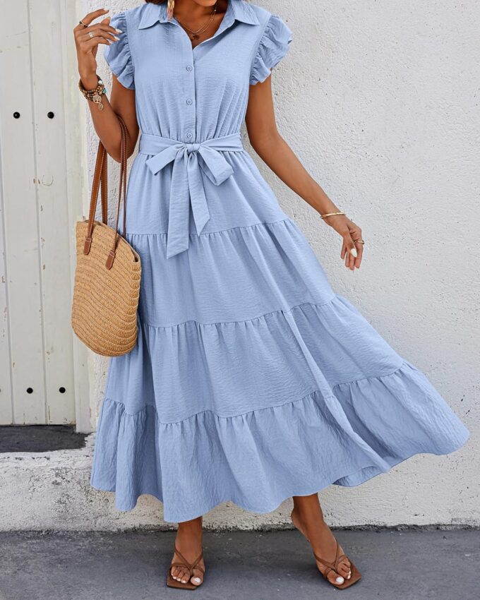 dowerme Women's Summer Casual Dresses 2025 Cap Ruffle Sleeve V Neck Button Belted Tiered Boho Maxi Dress with Pockets – Bild 3