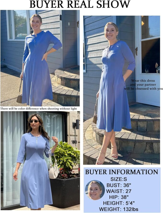 GRACE KARIN Damenkleid, 3/4-Ärmel, Reißverschluss vorne, Midi-Kleid, Empire-Taille, Aline-Kleid mit Taschen – Bild 4