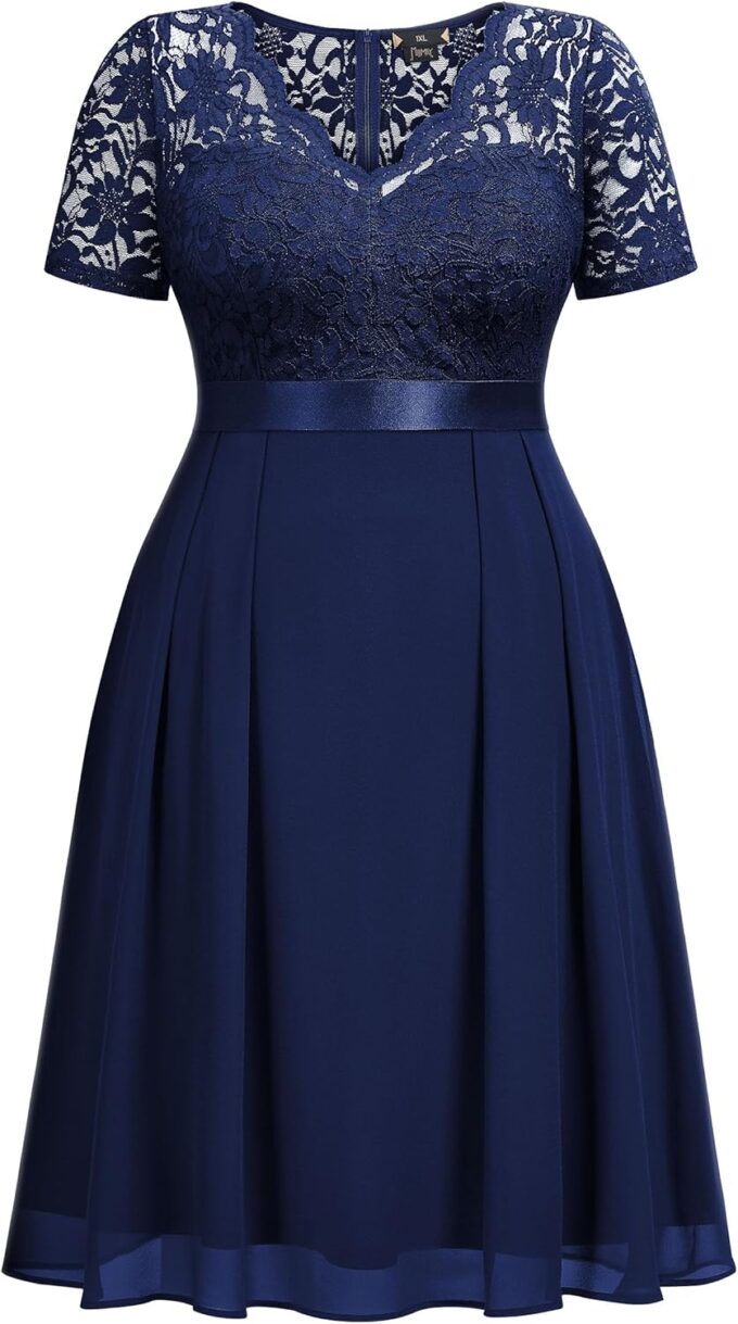 MISSMAY Women's Plus Size Lace Contrast Chiffon V Neck Flowy Cocktail Wedding Guest Midi Dress – Bild 5