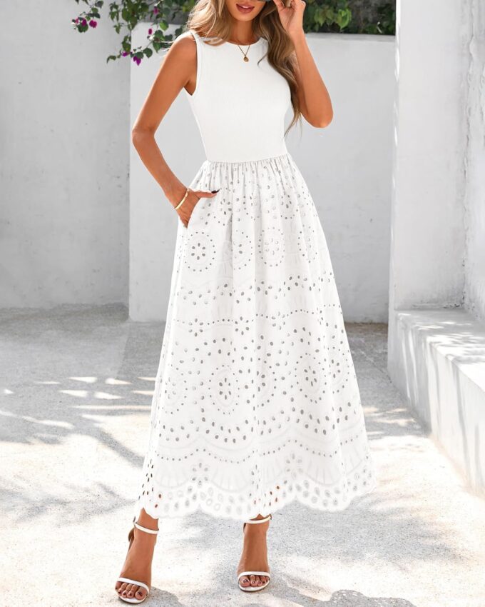 dowerme Women Summer Dresses 2025 Casual Sleeveless Crewneck A-Line Boho Lace Eyelet Cotton Tank Maxi Dress with Pockets – Bild 2