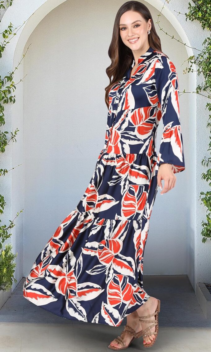 KOH KOH Damen Maxikleid 2025, langärmelig, Taschen, Sommer, lässig, Blumenmuster, fließend, Strandkleid – Bild 2