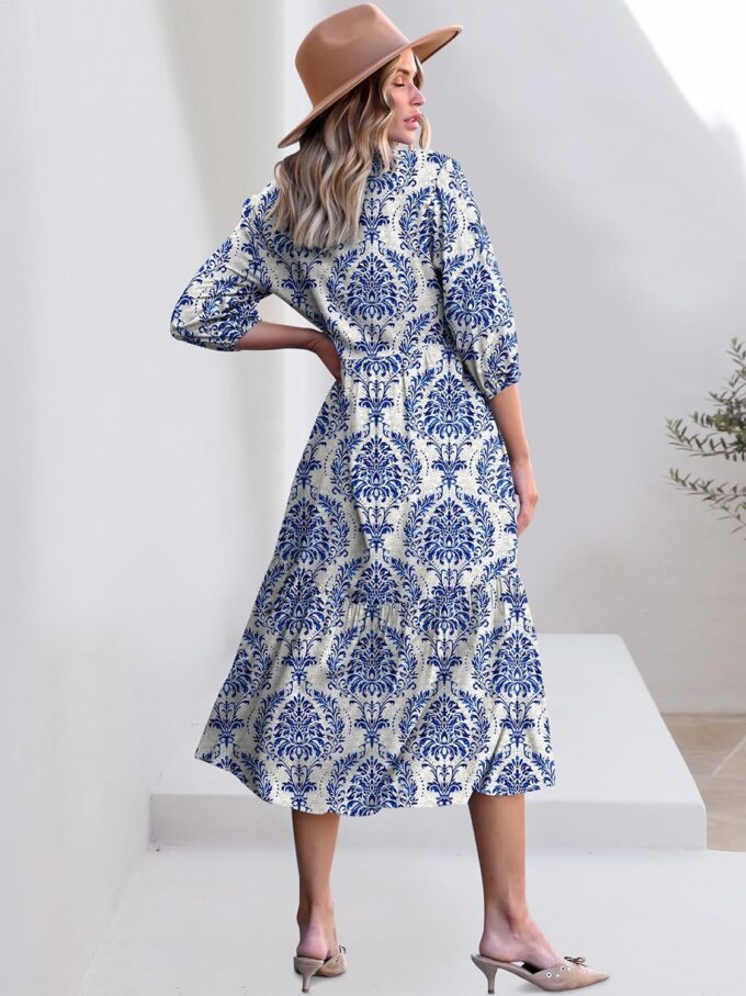 ANRABESS Women Casual 3/4 Puff Sleeve Polo V Neck Floral Printed Flowy Swing Loose Summer Boho Maxi Shirt Dresses – Bild 5