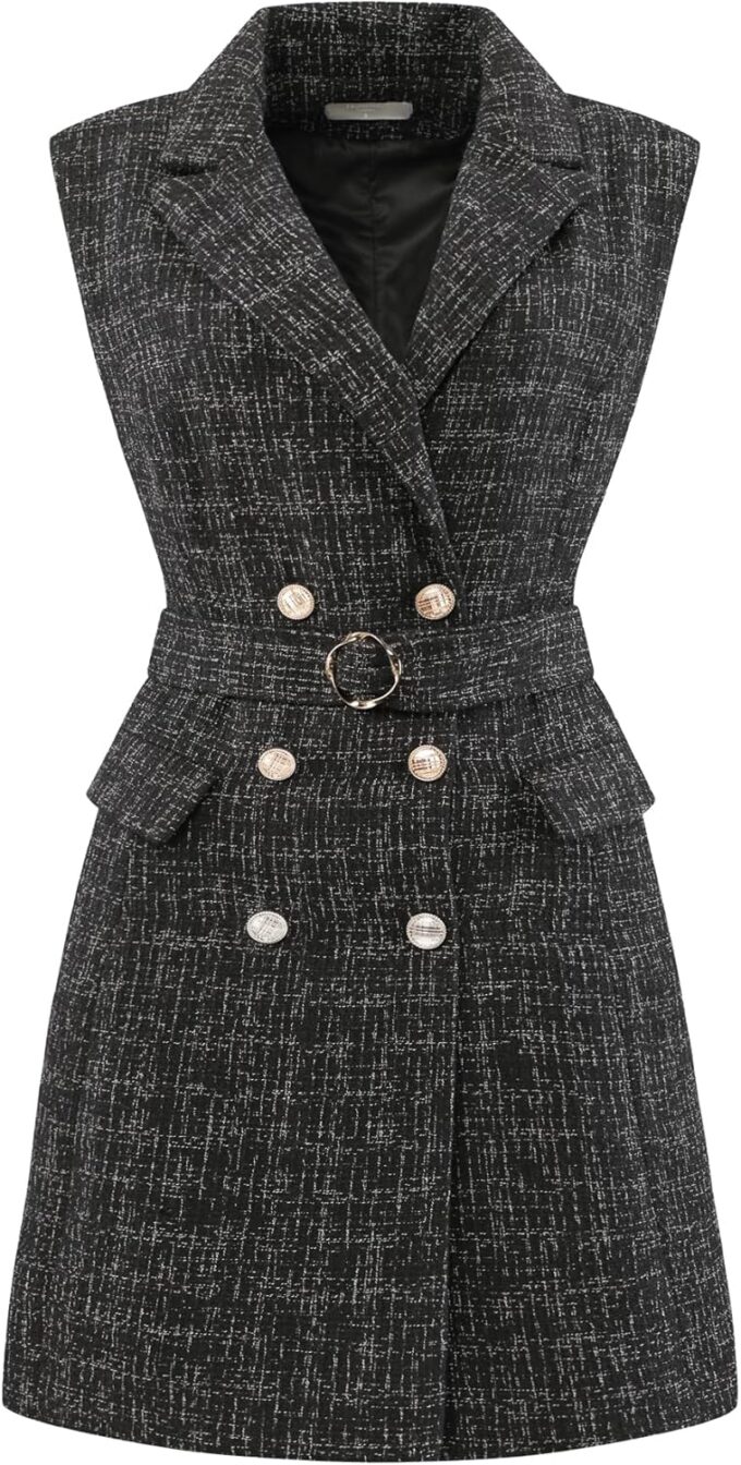 Hobemty Damen Ärmelloses Tweed-Kleid mit Kragen, Gürtel, Knopfleiste, Blazerkleider