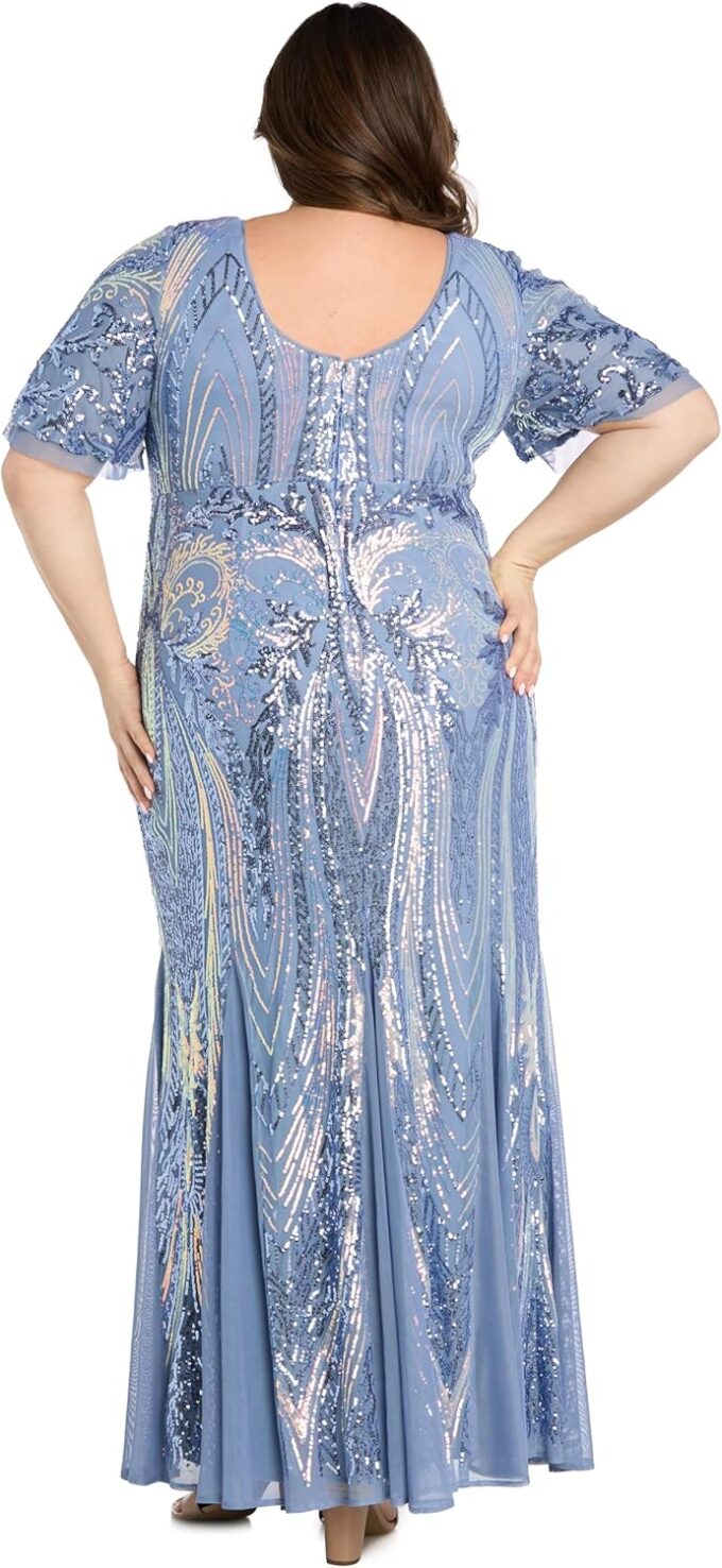 R&M Richards Long Elegant Beaded V-Neck Gown W/Sheer Flutter Sleeves – Bild 6