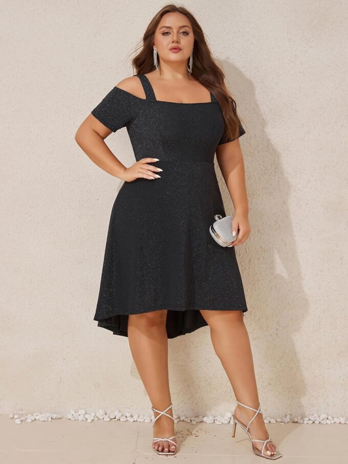 ZNU Women’s Plus Size Cocktail Dresses - 2025 Summer Elegant Glitter Cold Shoulder Evening Party Dress A-Line Midi Dress – Bild 2