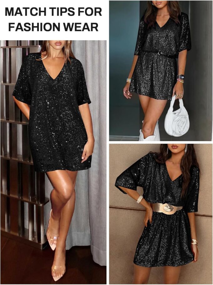 Women's Crew Neck Sequin Dress for Women Sexy V Neck Shirt Dress Sparkly Half Sleeve Loose Party Club Cocktail Dress – Bild 5