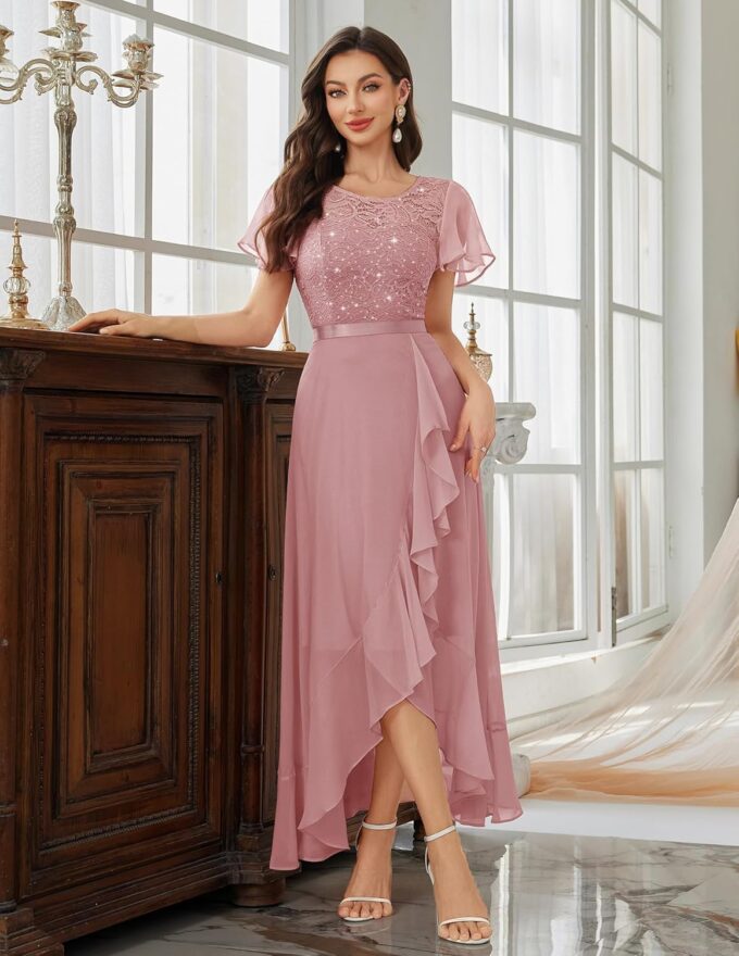 Berylove Abendkleid Lang Elegant für Hochzeit Kleid mit Schlitz Cocktailkleid Damen Elegant mit Ärmeln Elastische Taille – Bild 3