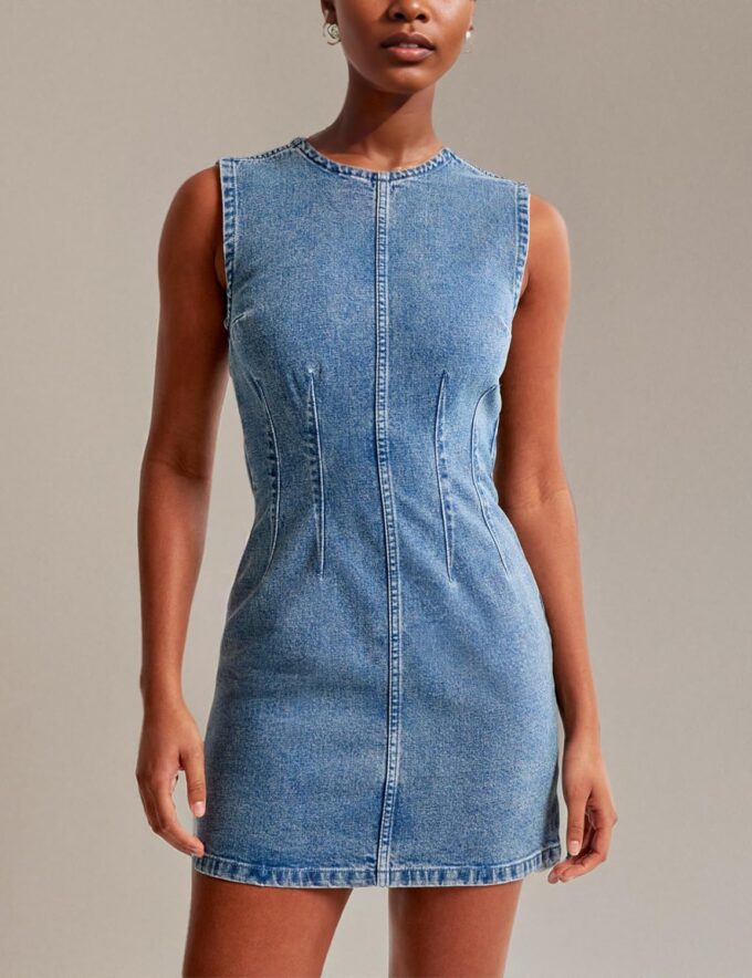 Daacee Women’s Sleeveless Bodycon Denim Mini Dress Casual Waist Tucks Zipper Tank Jean Dresses – Bild 7