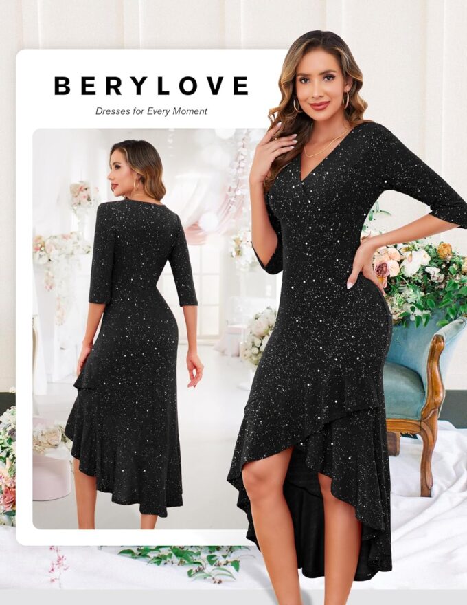 BeryLove Women Formal Wedding Guest Cocktail Sequin Glitter Dress 3/4 Sleeve Midi Evening Gown Prom Party Ruffle Hi Low Dress – Bild 2