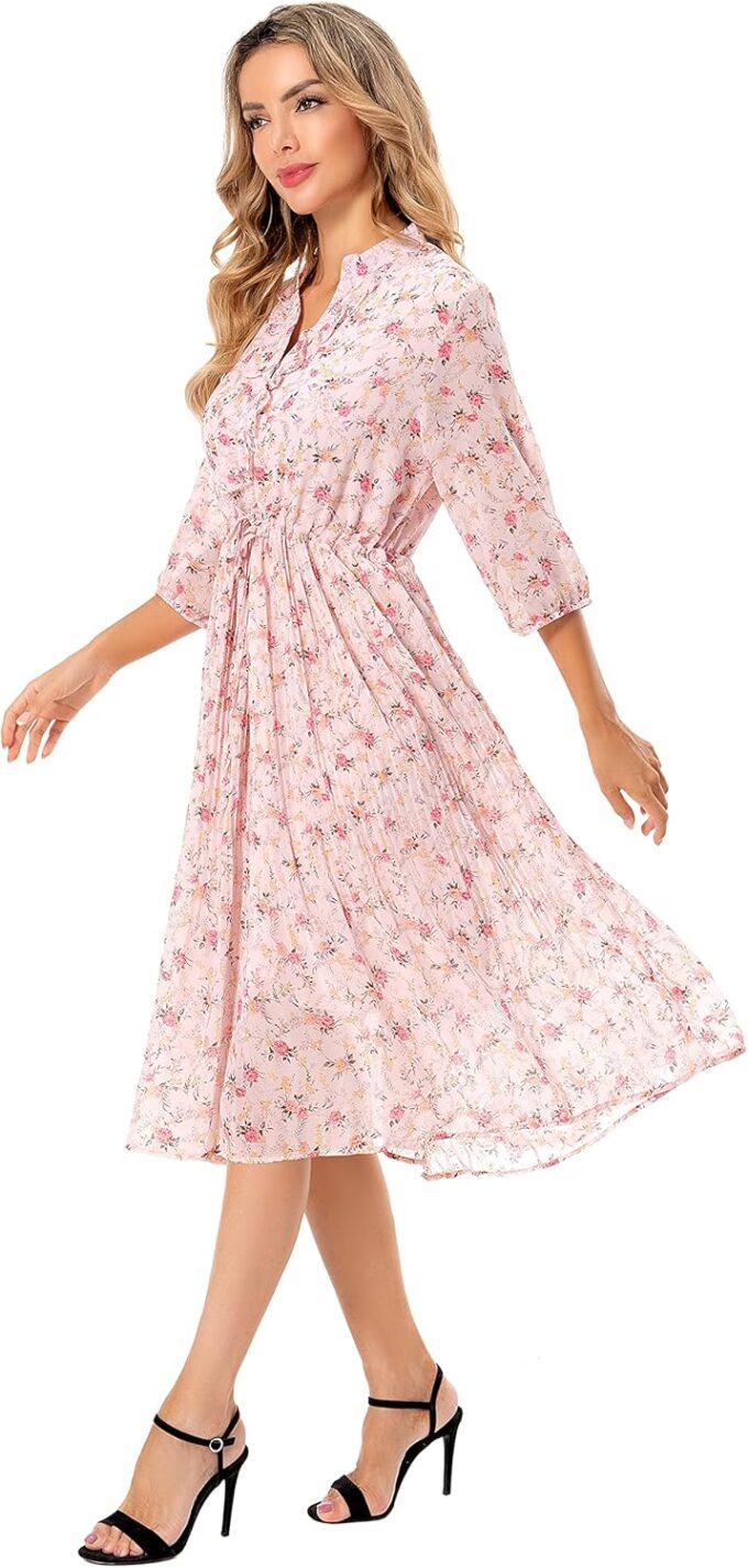 Shineflow Women's Short Sleeve V-Neck 3/4 Sleeve Button Up Chiffon Floral Pleated Midi Swing Dress with Belt – Bild 6