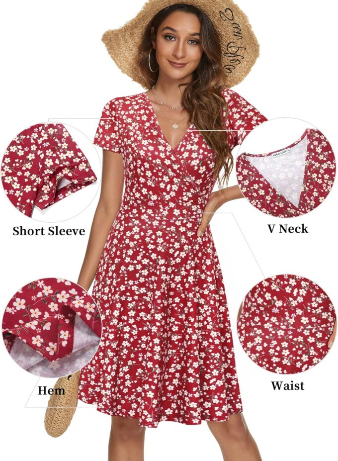 MSBASIC Womens Summer Wrap V Neck Casual Dresses Floral Short Sleeve A-Line Midi Sundress – Bild 5