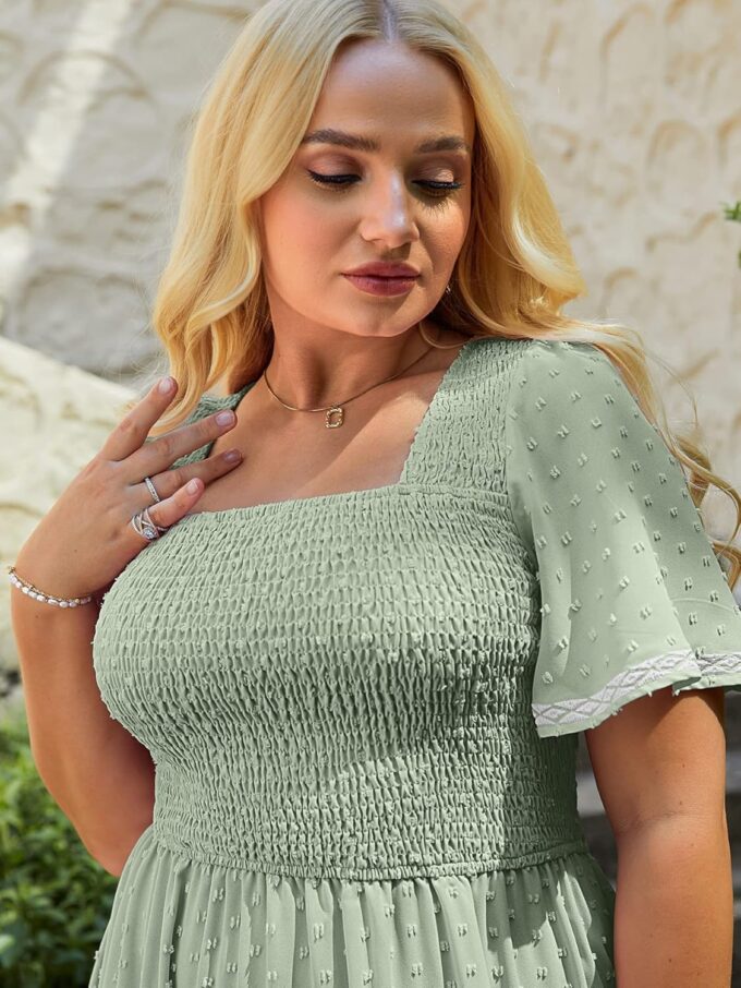 Glamaker Women's Plus Size Summer Casual Short Sleeve Smocked Square Neck A Line Flowy Midi Dress Long Dress – Bild 6