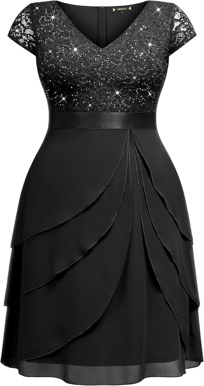 Miusol Women's Plus Size Sequin Lace V Neck Ruffle Tiered Chiffon Cocktail Party Dress – Bild 5