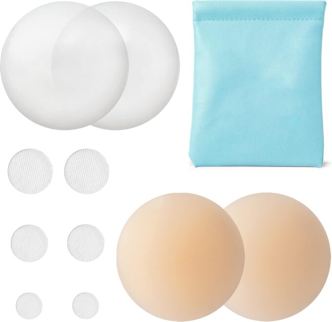 ILLURE® Nippelpads – Damen Nipple Cover mit Brustwarzenschutz - Nipple Pads wiederverwendbar & waschbar - dünne Selbstklebende Brustwarzen Nippelabdeckung aus hypoallergenem Silikon [8 cm] mit Tasche – Bild 4