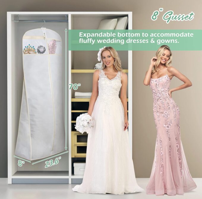MISSLO Brautkleider Kleidersack in voller Länge Kleiderhülle Brautjungfer Mäntel Kleid Schutz mit Extra Tasche Aufbewahrung Zwickel Hängende Kleiderträge 178 cm (Weiß) – Bild 3