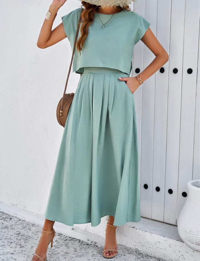 HangNiFang Summer Skirt Sets Women 2 Piece Outfits Cap Sleeve Top Elastic Waist Lightweight Maxi Dress Sets with Pockets – Bild 2