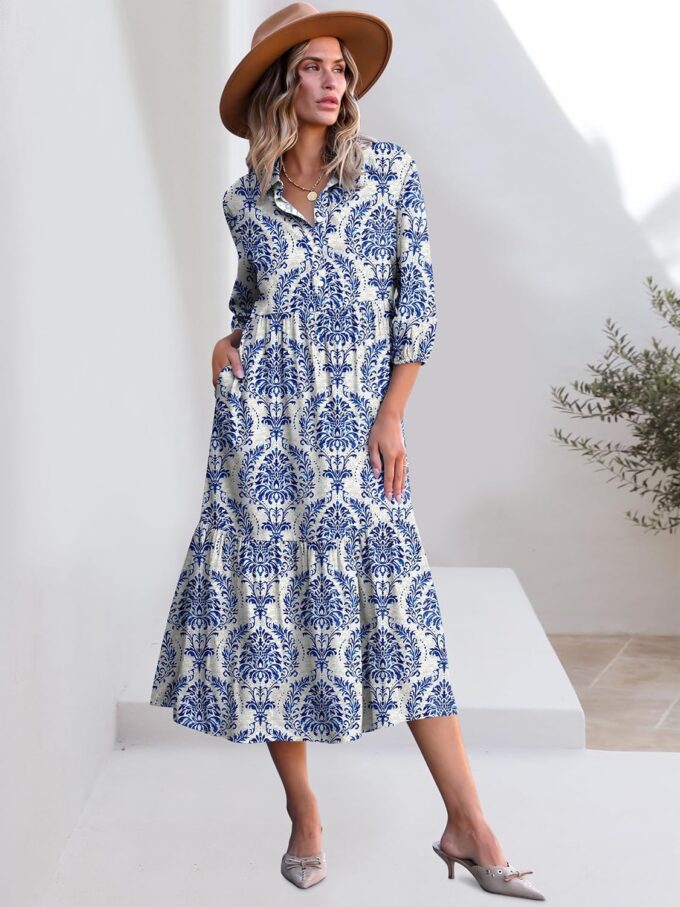 ANRABESS Women Casual 3/4 Puff Sleeve Polo V Neck Floral Printed Flowy Swing Loose Summer Boho Maxi Shirt Dresses – Bild 4