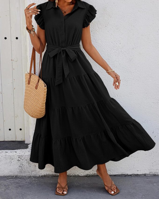 dowerme Women's Summer Casual Dresses 2025 Cap Ruffle Sleeve V Neck Button Belted Tiered Boho Maxi Dress with Pockets – Bild 3