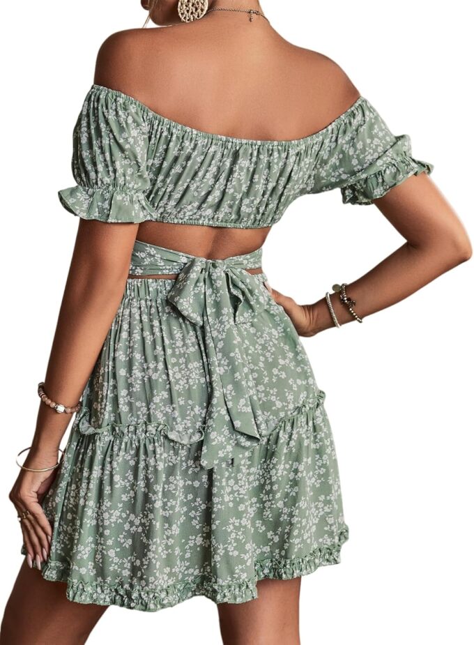 LYANER Women's 2 Piece Outfits Floral Off Shoulder Tie Up Crop Top and Mini Skirt Set – Bild 2