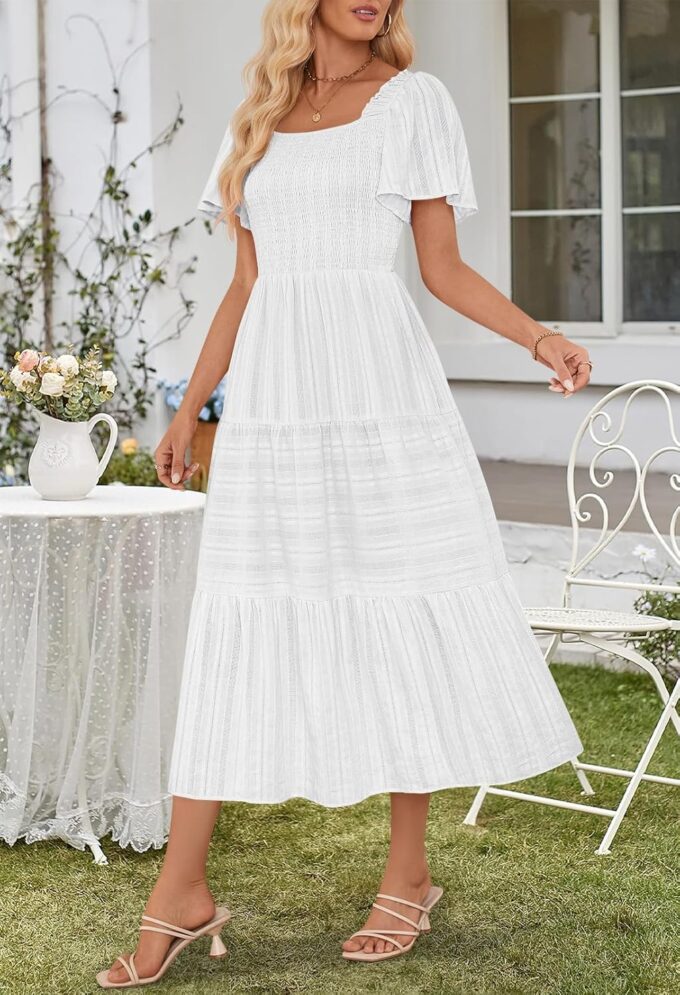 MEROKEETY Women's 2025 Summer Flowy Midi Maxi Dress Short Sleeve Square Neck Smocked Tiered Ruffle Boho Dresses with Pockets – Bild 7