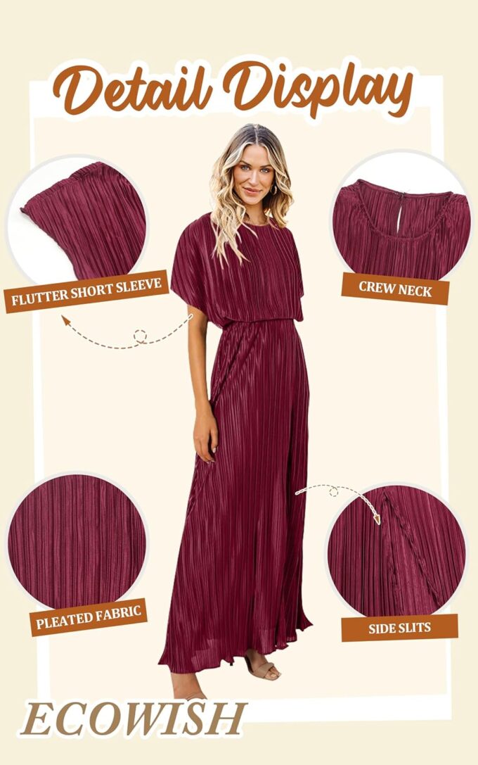ECOWISH Summer Maxi Dress Women Cocktail Formal Wedding Guest Long Short Sleeve Pleated Dresses Empire Waist Crew Neck Slit – Bild 5