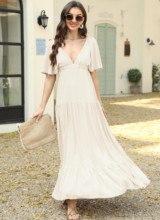 Women Summer Dresses Sexy V-Neck Maxi Dress Tiered Silhouette with Flutter Sleeve Backless Elastic Waist Flowy Dress – Bild 8