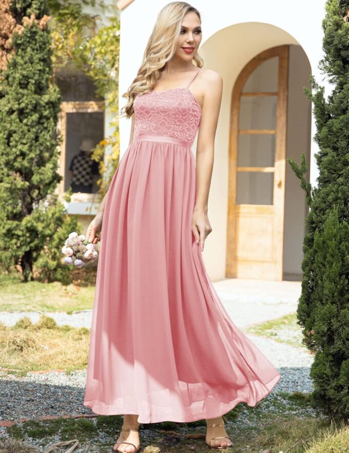 DRESSTELLS Abendkleider Elegant für Hochzeit Festlich Ballkleid Damen Lang Brautkleid Standesamt Brautjungfernkleider mit Spaghettiträger Jugendweihe Kleider – Bild 2