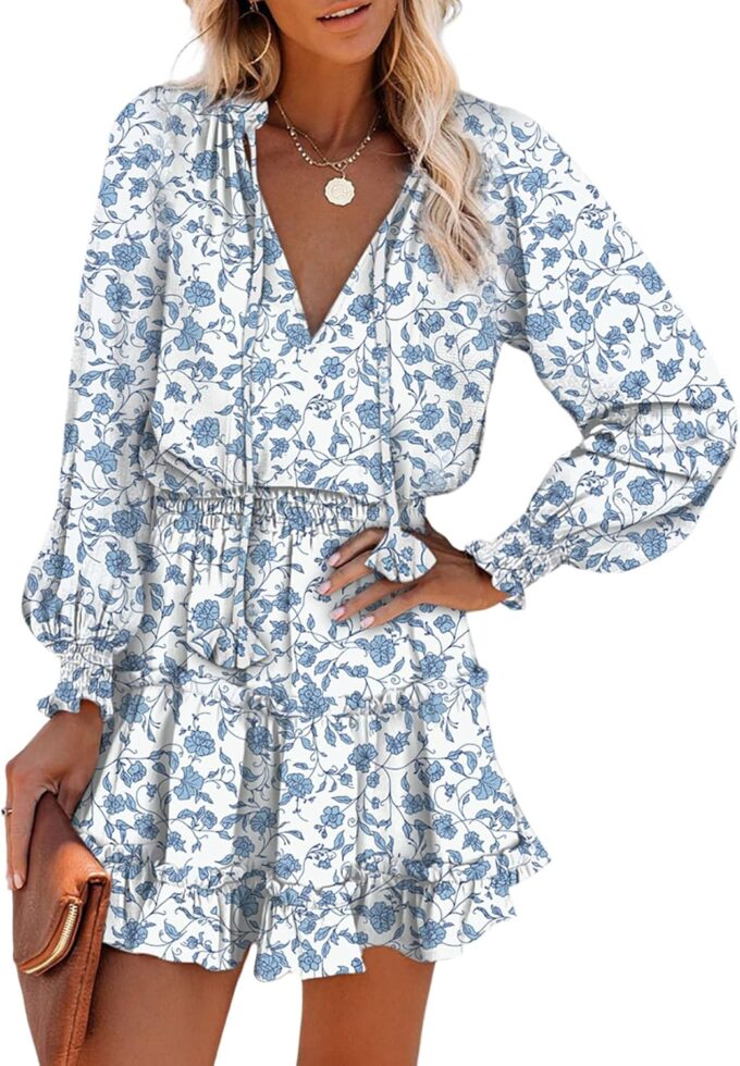 Dokotoo Summer Dresses for Women 2025 Boho Floral Drawstring V Neck Smocked Long Sleeve Ruffle Tiered Chiffon Mini Dress