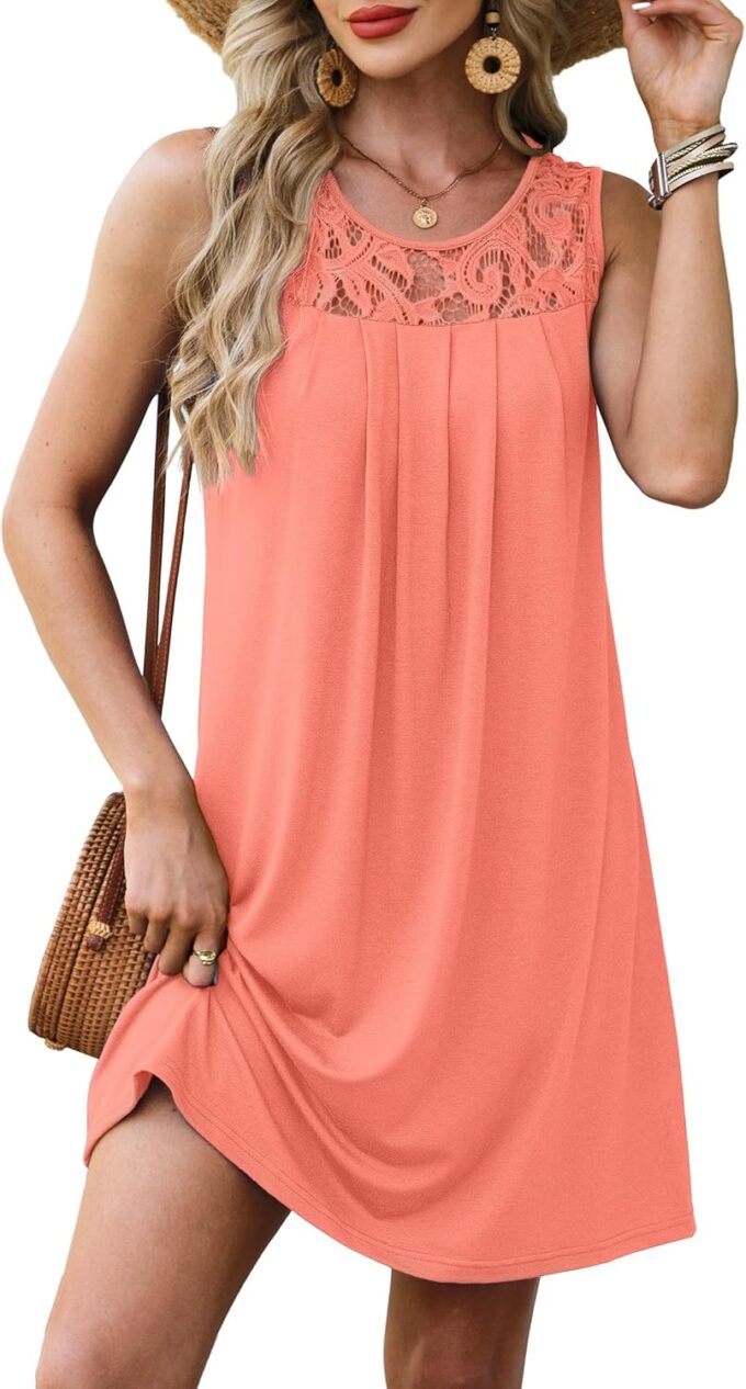 Summer Dresses for Women Sleeveless Lace Crewneck Sundress (S-3XL)