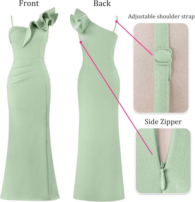 VFSHOW Womens Ruffle One Shoulder Strap Ruched Formal Prom Wedding Maxi Dress V Neck Elegant Split Cocktail Evening Long Gown – Bild 5
