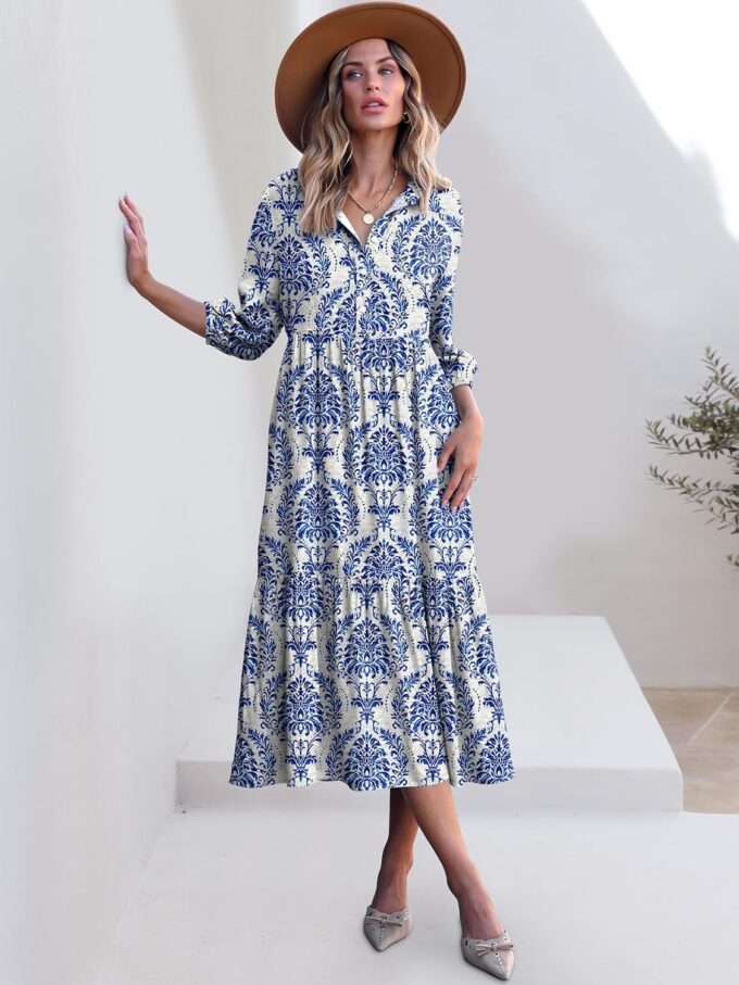 ANRABESS Women Casual 3/4 Puff Sleeve Polo V Neck Floral Printed Flowy Swing Loose Summer Boho Maxi Shirt Dresses – Bild 8