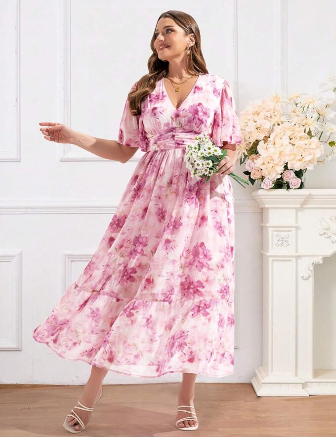 Women's 2025 Floral Summer Dress Smocked V Neck Boho Plus Size Beach Party Wedding Guest Ruffle Long Dresses – Bild 3