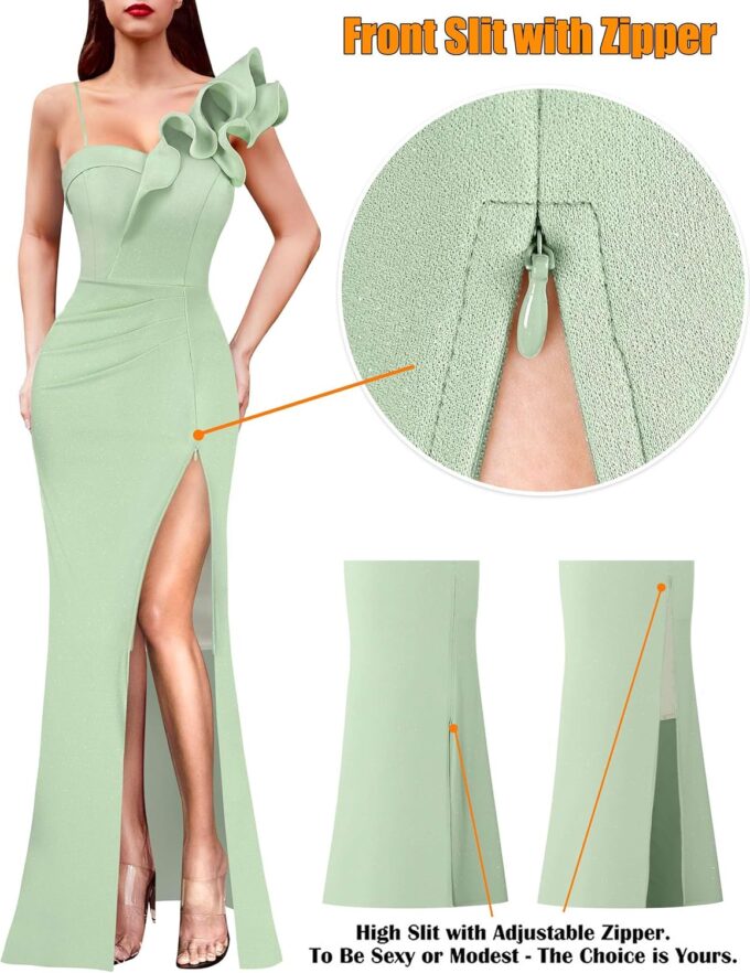 VFSHOW Womens Ruffle One Shoulder Strap Ruched Formal Prom Wedding Maxi Dress V Neck Elegant Split Cocktail Evening Long Gown – Bild 4
