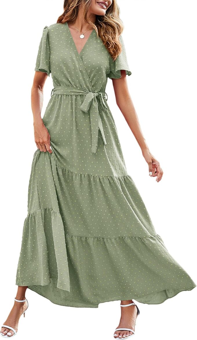 MASCOMODA Womens Summer Swiss Dot Maxi Dressses Wrap V Neck Flutter Short Sleeve Boho Casual Flowy Long Wedding Guest Dress