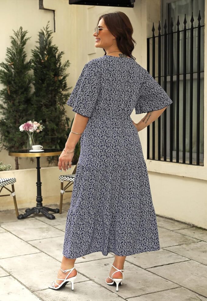 Keluummi Plus Size Summer Wedding Guest Maxi Dresses for Curvy Women, Casual Floral 3/4 Sleeve Emipre Waist V Neck Long Dress – Bild 6