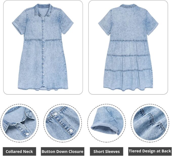 GRAPENT Denim Dress for Women Babydoll Tiered Short Sleeve Button Down Jean Shirt Dresses – Bild 5