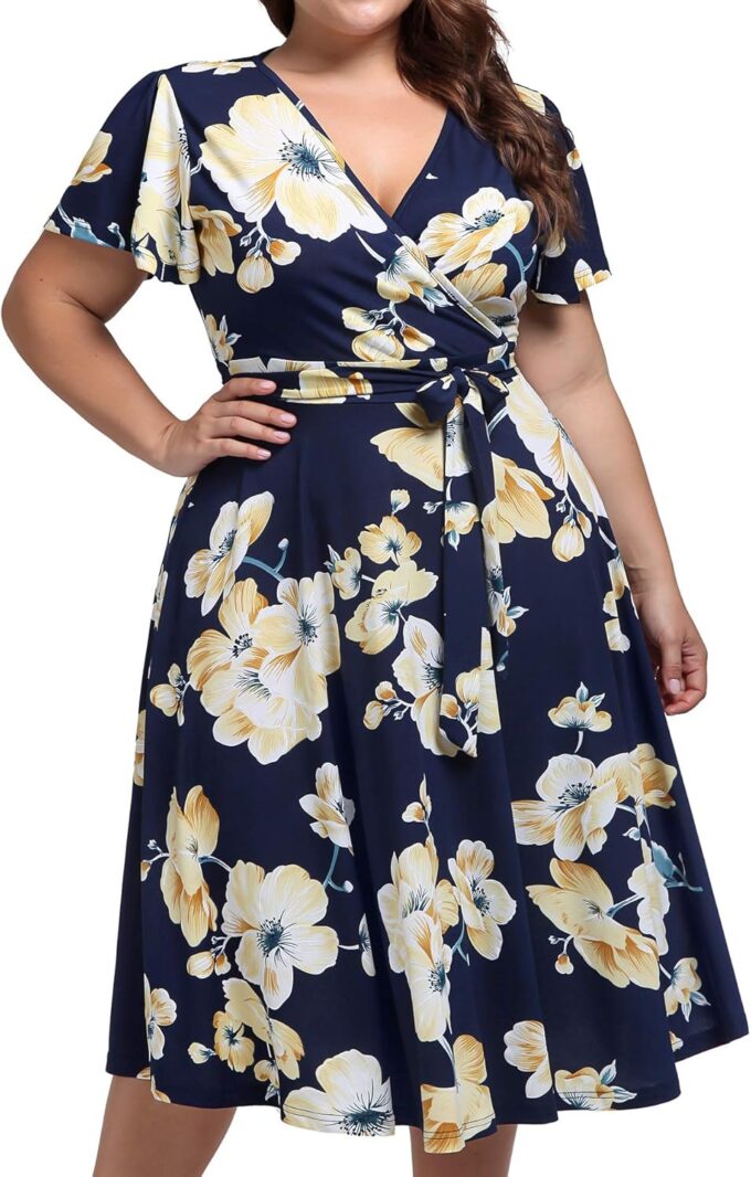 kissmay Plus Size Womens V Neck Floral Cocktail Party Midi Dresses with Pocket – Bild 2