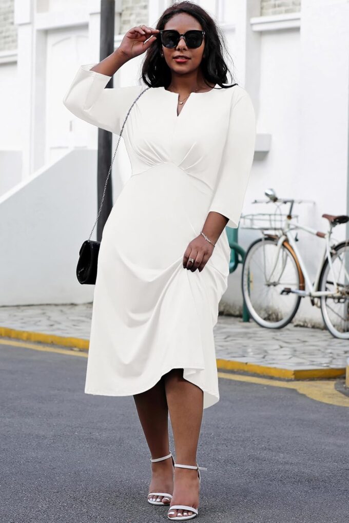 Nmoder Women's Plus Size Stretchy Flared Wrap Dress Casual Wedding Guest Midi Dresses V Neck 3/4 Sleeve A-Line Swing Dress – Bild 4
