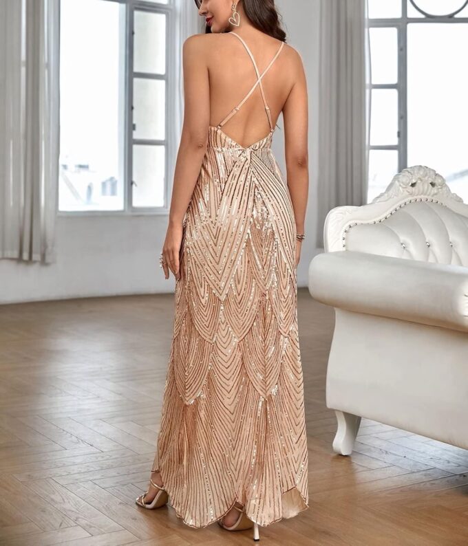 Women's V Neck Spaghetti Straps Sequin Sparkly Glitter Irregular Hem Prom Dress Bcakless Maxi Evening Gowns – Bild 4