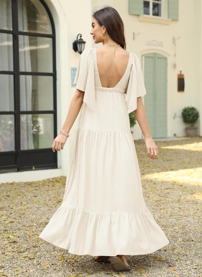 Women Summer Dresses Sexy V-Neck Maxi Dress Tiered Silhouette with Flutter Sleeve Backless Elastic Waist Flowy Dress – Bild 4
